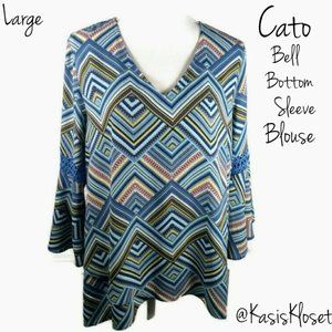 Cato Bell Sleeve V-Neck Top Large Blue Geometric